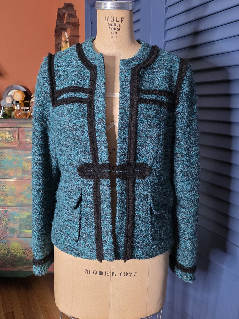Nanette Lepore Vintage Teal Bouclé Tweed Jacket Blazer with Black Braid S 4